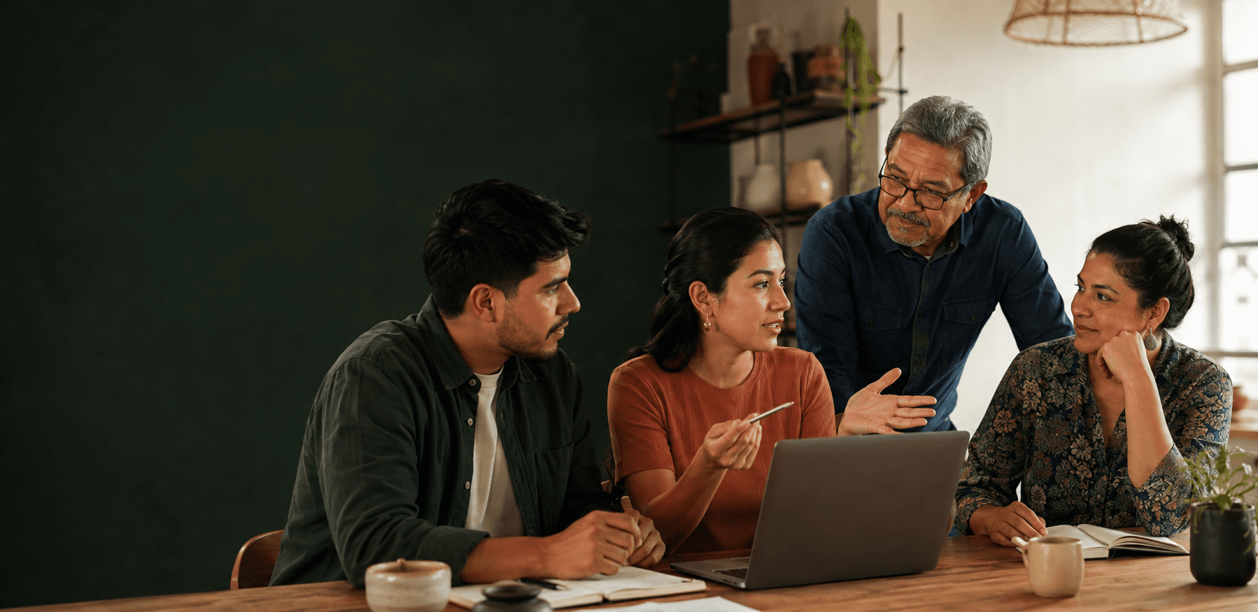 Cuatro personas conversando alrededor de una computadora durante una sesión práctica